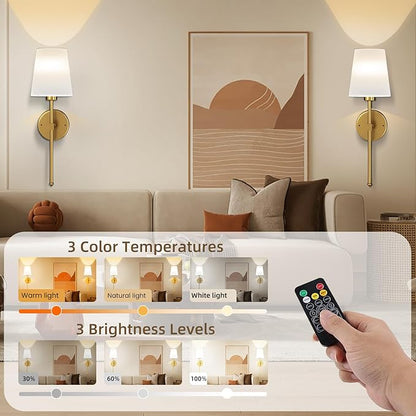 Battery Operated Wall Sconce Set of 2, Rechargeable Wall Lights with Dimmable Detachable Charging Bulbs and Remote, 3 Color Temperature Wireless Sconces for Bedroom Living Room Hallway (Large)