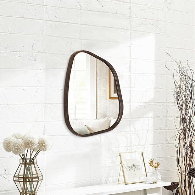 Asymmetrical Wall Mirror Irregular Wood Frame Modern Unique Wall-Mounted Artistic Wavy Mirror Decor Bathroom Vanity Bedroom Living Room Entryway Hallway 14"x10"