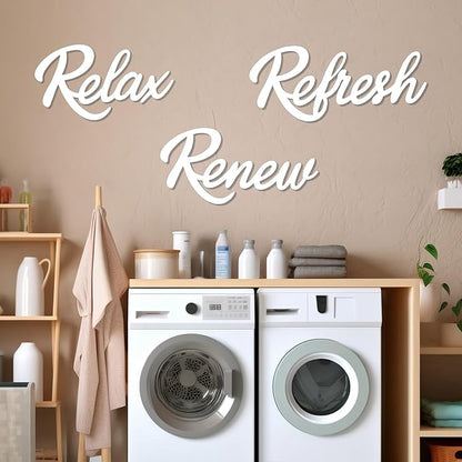 3 Pieces Bathroom Decor Wooden Bathroom Sign,Relax Renew Refresh Sign (White)