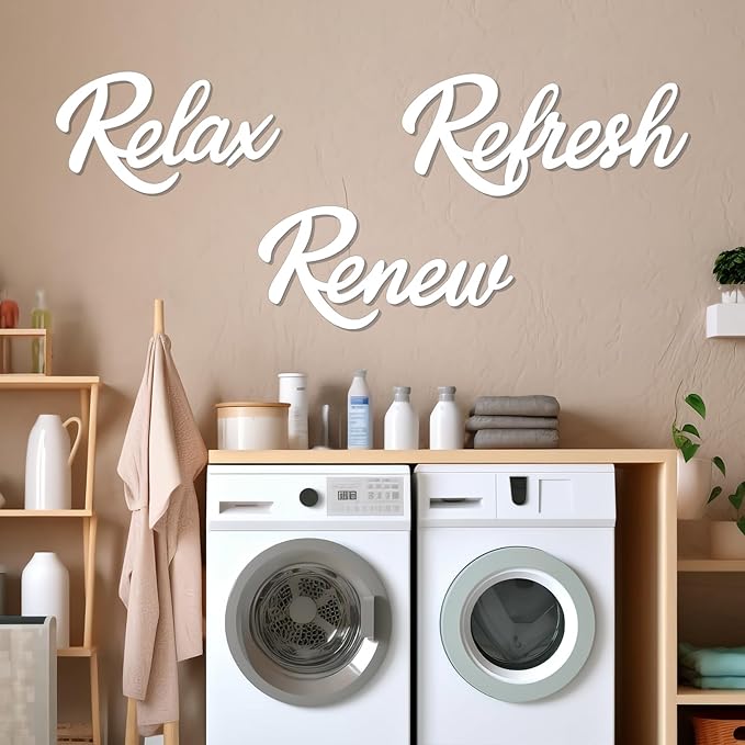 3 Pieces Bathroom Decor Wooden Bathroom Sign,Relax Renew Refresh Sign (White)