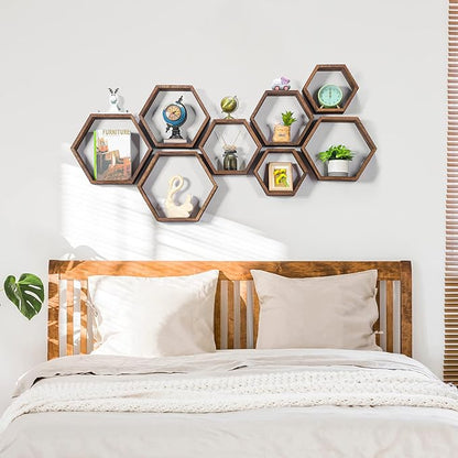 Hexagon Floating Shelves Set of 8 Wood Hexagonal Shelves Brown Wall Decor and Storage Racks for Living Room Floating Honeycomb Plants Shelf Farmhouse Wall Hexagon Hanging Shelf for Bedroom Home