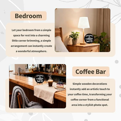 Coffee Desk Decor Sign, Farmhouse Wood Plaque, It Is Coffee Time Wood Sign, Cafe Lover Gifts, Decor For Home Kitchen Tabletop, Wooden Round Decorations With Stand-03