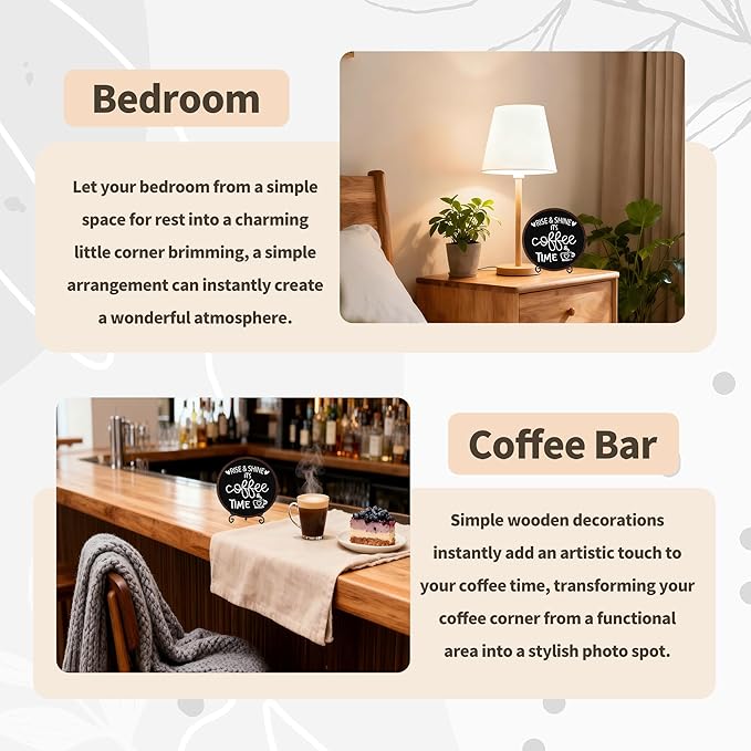 Coffee Desk Decor Sign, Farmhouse Wood Plaque, It Is Coffee Time Wood Sign, Cafe Lover Gifts, Decor For Home Kitchen Tabletop, Wooden Round Decorations With Stand-03