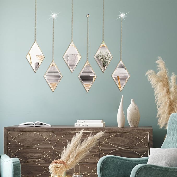 yshengood Diamond Wall Mirror Set of 6 Pcs, Gold Wall Decor Mirrors Small Glass Decor Wall Mirrors for Living Room and Bedroom Decoration