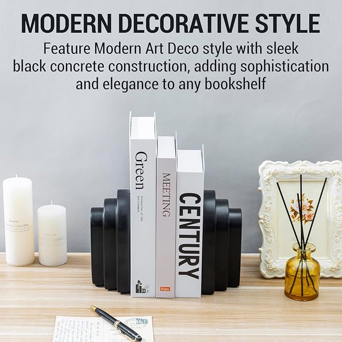 MyGift Black Concrete Bookends Decorative Arch Design, Book Ends for Heavy Books, Book Stopper for Shelves, Minimalist Home and Office Organizer, Modern Art Decor, 1 Pair
