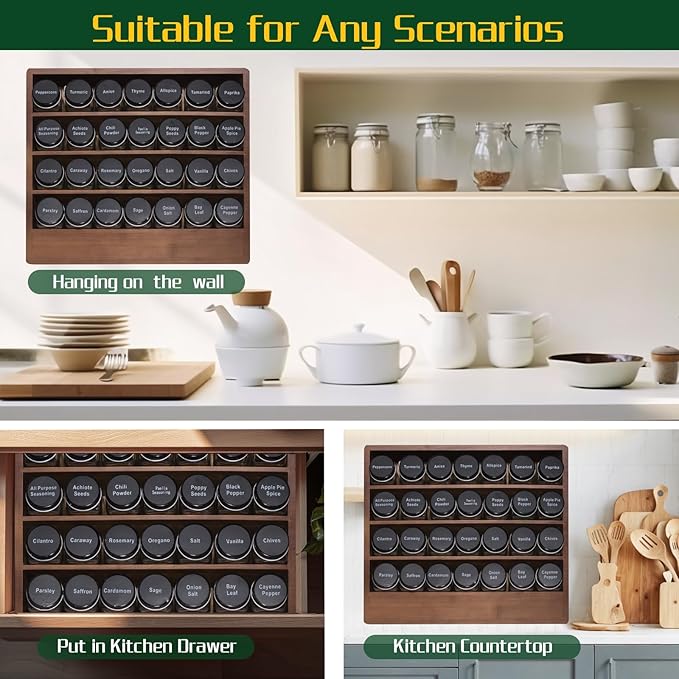 Bamboo Tiered Spice Rack Organizer for Cabinet,Wooden Seasoning Rack for Countertop, Cupboard, Pantry, Kitchen (Spice Jars Included)