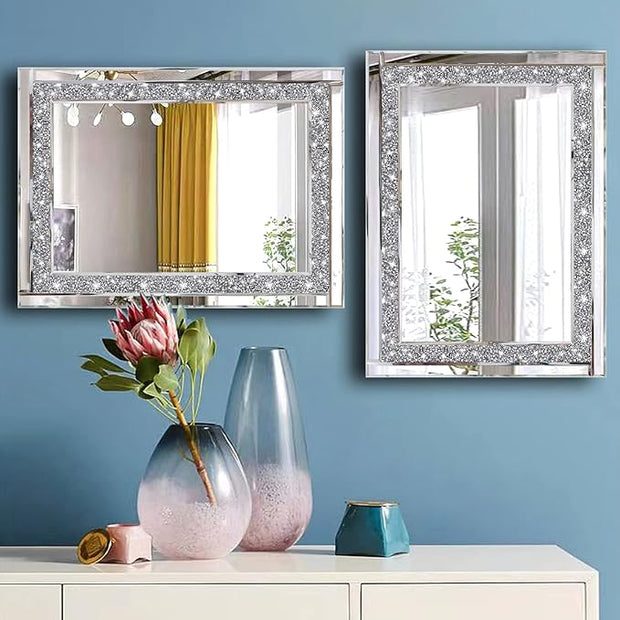 Meetart Crystal Crush Diamond Silver Mirror 11'' x 15''2 PCS, Frameless Stylish Gorgeous Diamond Decor Glam Glass Mirror. for Bedroom Bathroom Hanging Mirror Home for Wall Decor.