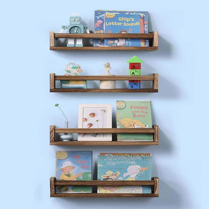 Nursery Room Shelves Set of 4, Wood Floating Book Shelves for Kids Room, Baby Book Shelf for Nursery, Kitchen Spice Rack (Carbonized)