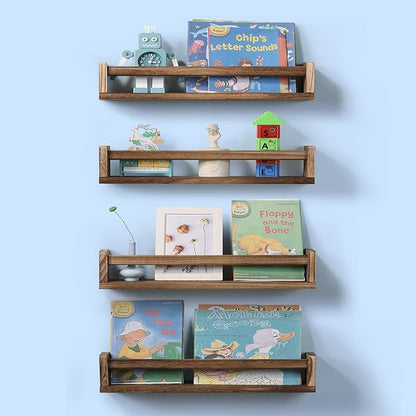 Nursery Room Shelves Set of 4, Wood Floating Book Shelves for Kids Room, Baby Book Shelf for Nursery, Kitchen Spice Rack (Carbonized)