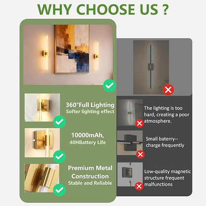 L LOHAS LED Battery Operated Wall Sconces Set of 2, 10000mAh Gold Battery Wall Sconce 360 Full Lighting, 3000K Dimmable Wireless Wall Light, Sconce Wall Decor for Bathroom, Bedroom, Living Room, 24in