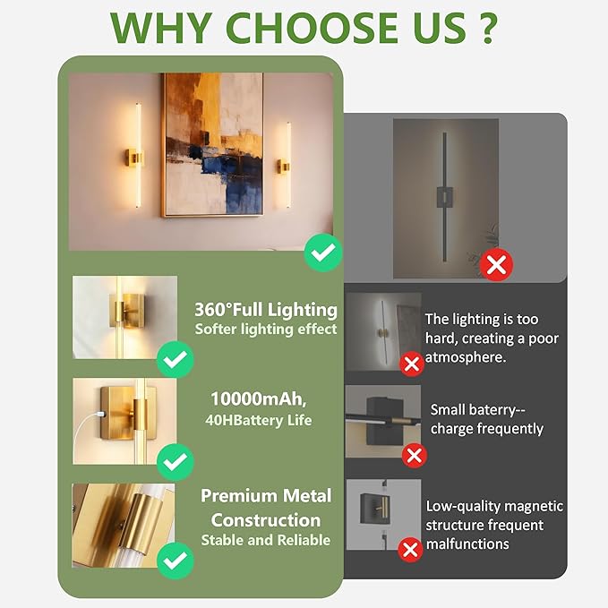 L LOHAS LED Battery Operated Wall Sconces Set of 2, 10000mAh Gold Battery Wall Sconce 360 Full Lighting, 3000K Dimmable Wireless Wall Light, Sconce Wall Decor for Bathroom, Bedroom, Living Room, 24in