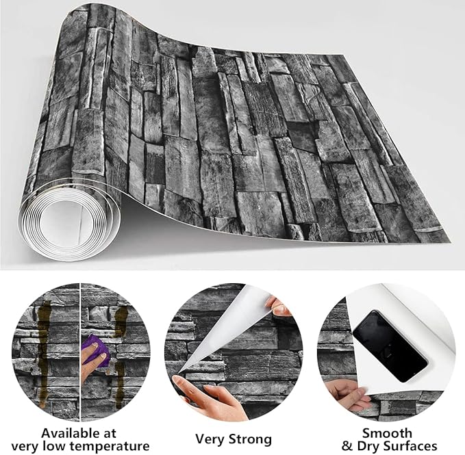 Jeweluck Grey Brick Wallpaper Peel and Stick Wallpaper 17.7”×393.7” Faux Stone Wall Paper Peel and Stick Brick Contact Paper for Kitchen Stone Self Adhesive Removable Decorative for Walls Vinyl