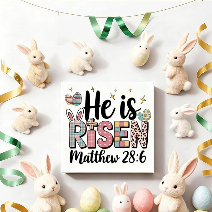 Christian Easter Decor He Is Risen Matthew 28:6 Wooden Sign, Religious Bible Verse Bunny Cross Design, Rustic Farmhouse Easter Desk Decorations for Home Living Room Shelf Plaque
