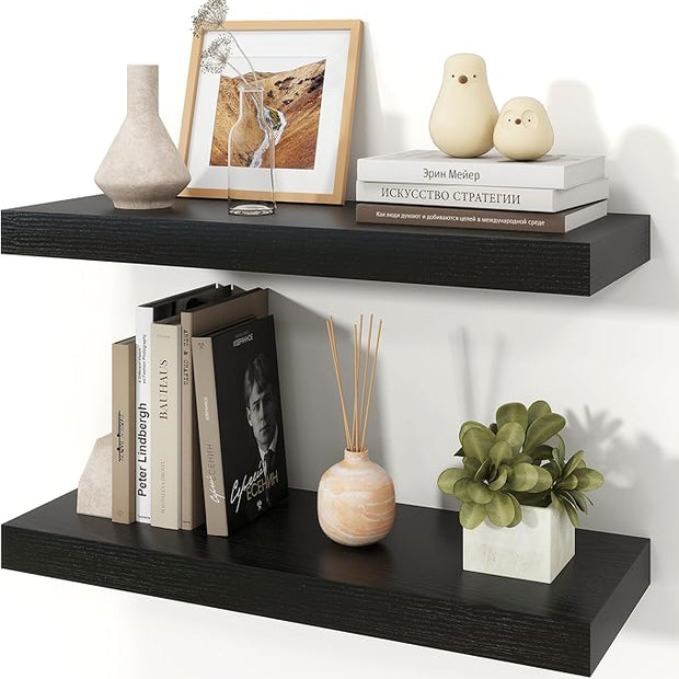 Floating Shelves for Wall, 9.3" Deep Wall Mounted Wood Shelves for Bathroom, Bedroom, Living Room, Kitchen, Hanging Shelf for Books/Storage/Room Decor (Black, 24")