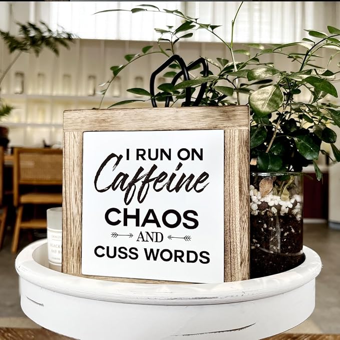 Modern Farmhouse Coffee Decor, White & Brown Wooden Box Sign, 5.9x5.9x0.7 Inch, I Run On Caffeine Chaos And Cuss Words