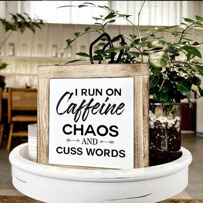Modern Farmhouse Coffee Decor, White & Brown Wooden Box Sign, 5.9x5.9x0.7 Inch, I Run On Caffeine Chaos And Cuss Words