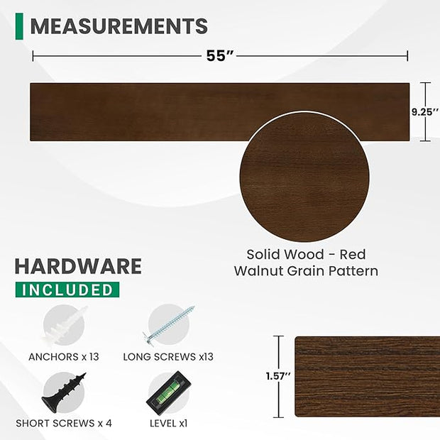 Marsmiles Solid Wood Floating Shelves for Wall, 55”W x 9”D x 1.56”H Large Wall Shelves for Living Room Bedroom Bathroom Kitchen Drcor Storage with Invisible Heavy-Duty Metal Bracket, Walnut, Set of 1