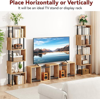 IBUYKE 6-Tier Tall Bookshelf,S-Shaped Geometric Bookcase, Wood Display Shelves with Storage,Modern Bookshelf for Living Room Bedroom, Home Office,Oak WBC016K
