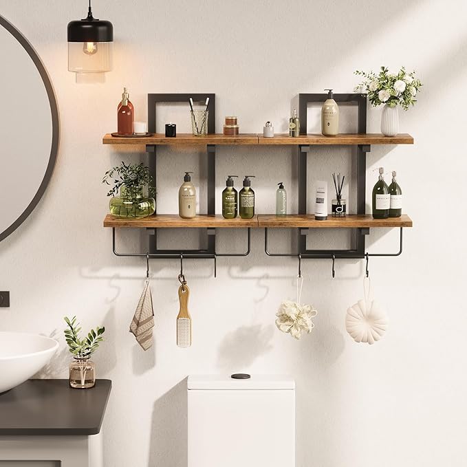 Floating Shelves for Wall Set of 2, Wood Wall Shelf with 6 Hooks, 2 Tier Hanging Decorative Storage Shelves for Living Room Bedroom Bathroom Kitchen Office Coffee Bar, Rustic Brown