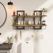 Floating Shelves for Wall Set of 2, Wood Wall Shelf with 6 Hooks, 2 Tier Hanging Decorative Storage Shelves for Living Room Bedroom Bathroom Kitchen Office Coffee Bar, Rustic Brown