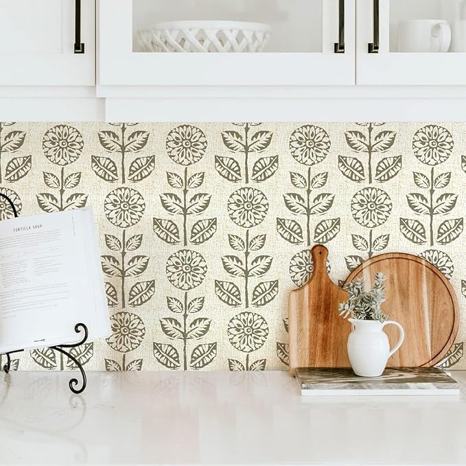 Wudnaye Floral Peel and Stick Wallpaper Vintage Tulip Floral Wallpaper 17.7in×590.4in Flower Farmhouse Contact Paper Peel and Stick Neutral Self Adhesive Removable Vinyl Wall Paper for Kitchen Bedroom