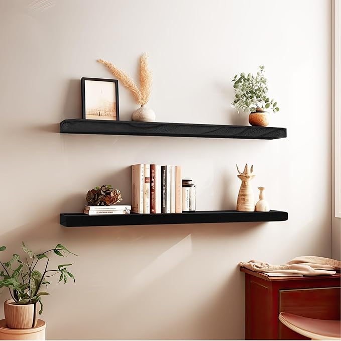 Floating Shelves 24 Inches Long, Set of 2 Solid Rustic Wood Wall Mounted Shelves, Wall Picture Ledge Shelf with Invisible Metal Brackets for Living Room, Bedroom, Bathroom, Black