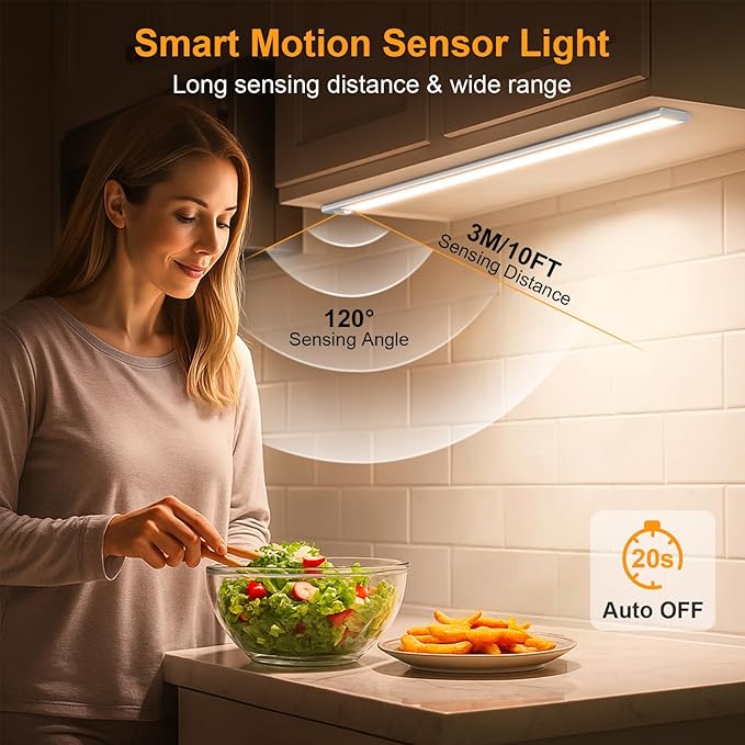 Gritin 14.7inch Under Cabinet Lighting Rechargeable 2 Pack- 3 Color Temps&5 Level Brightness, Super Bright, 4 Modes, Motion Sensor, Long Lasting - Easy Installation Magnetic Under Closet Lights-Silver