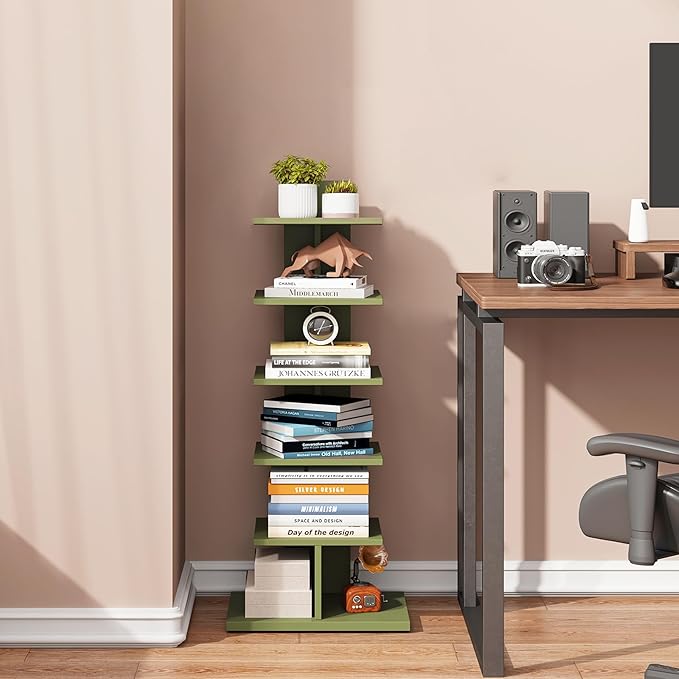 TUTOTAK Bookshelf, 6-Tier Bookcase, Narrow Spine Book Shelf for Small Space, Corner Standing Shelf for Living Room, Office, Study, Entryway, Olive Green BS06BOG016