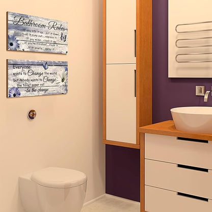 Jetec 2 Pieces Funny Bathroom Signs Bathroom Wall Decor Toilet Wall Accessories Farmhouse Toilet Rustic Wooden Signs, 12x6 Inch(Purple Daisy Style)