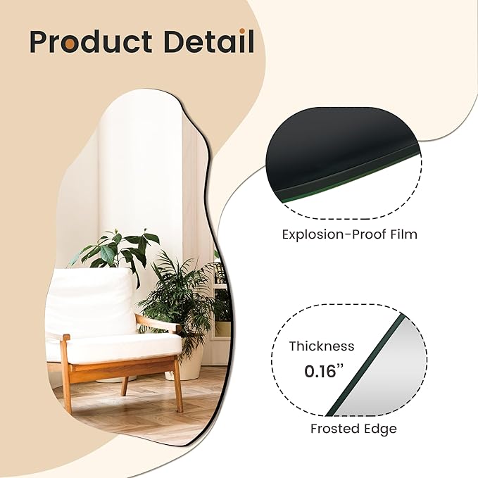 Irregular Asymmetrical Wall Mirror for Living Room Bathroom Entryway, Modern Decorative Mirror Hanging (Hook Style, 32'' x 18'')