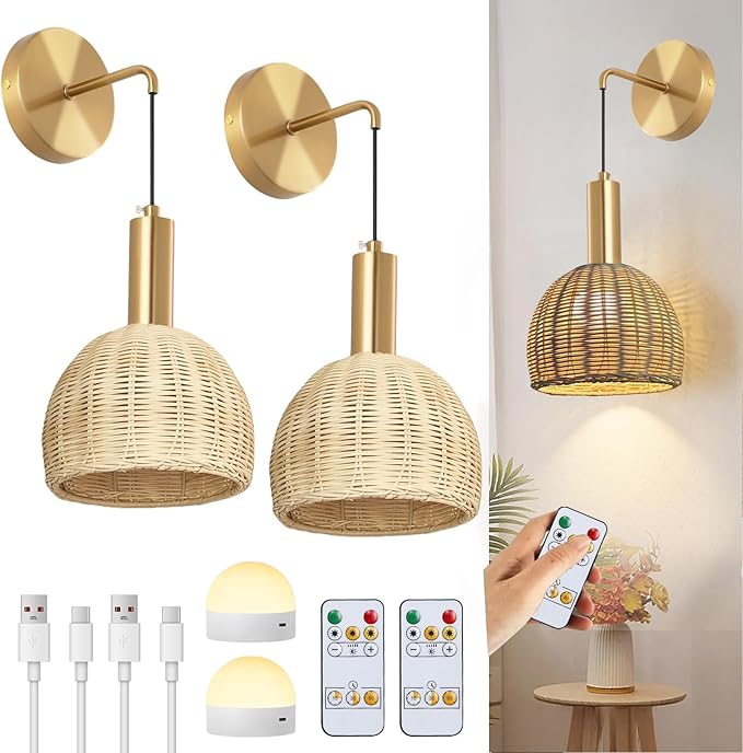 Boho Battery Operated Wall Sconce Set of 2 with Remote, Rechargeable Rattan Wireless Sconces - Dimmable for Bedroom, Living Room, Entryway (Gold)
