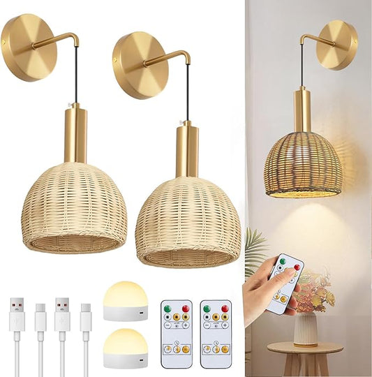 Boho Battery Operated Wall Sconce Set of 2 with Remote, Rechargeable Rattan Wireless Sconces - Dimmable for Bedroom, Living Room, Entryway (Gold)