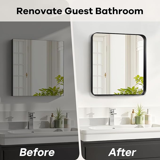 Bathroom Mirror for Over Sink - 24x24 Inch Black Matte Bathroom Mirrors for Vanity, Wall Mounted Rectangle Framed Mirror for Restroom, Fireplace, Living Room Decor