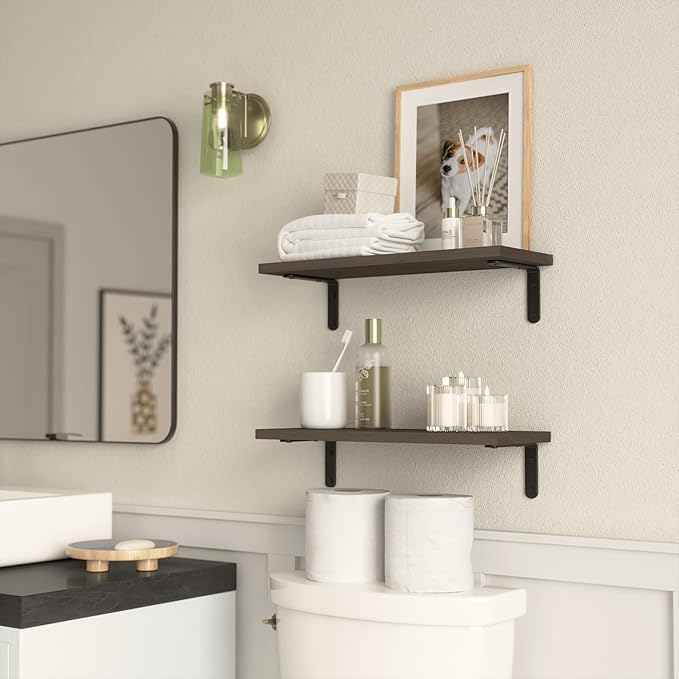 RICHER HOUSE Floating Shelves for Décor, Rustic Wood Wall Shelves for Bedroom Set of 2, Farmhouse Shelf for Bathroom, Hanging Shelves for Storage, Wall Mounted - Deep Brown