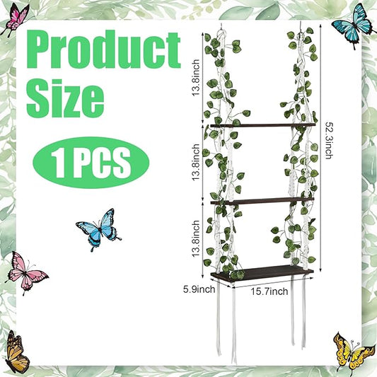 Novabright 3 Tier Macrame Wall Hanging Shelves with Artificial Ivy Leaves and Light, 36 3D Green Butterfly Wall Stickers, Wooden Floating Hanging Storage Shelves for Forest Room Decor