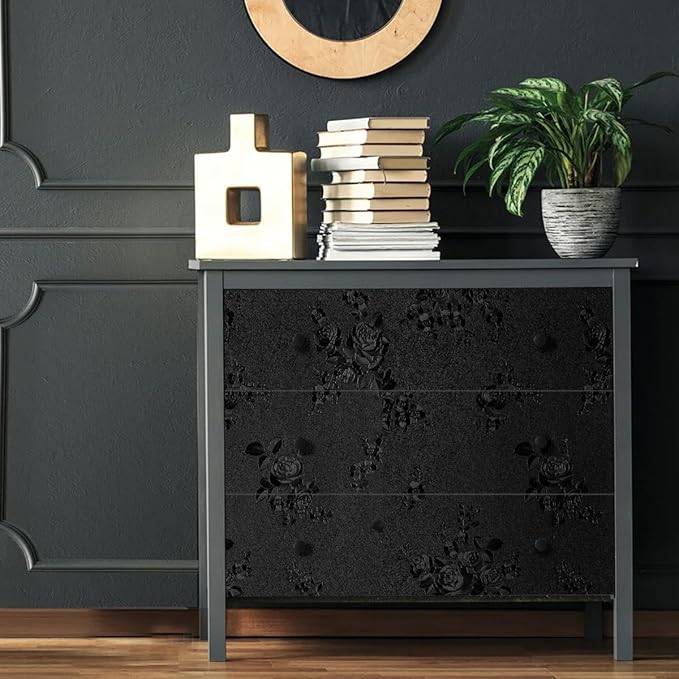 Black Peel and Stick Wallpaper Floral Black Wallpaper 17.7inch x 118.1inch Embossed Flower Contact Paper Peel and Stick Textured Self Adhesive Removable Wall Paper Floral Vinyl for Cabinets