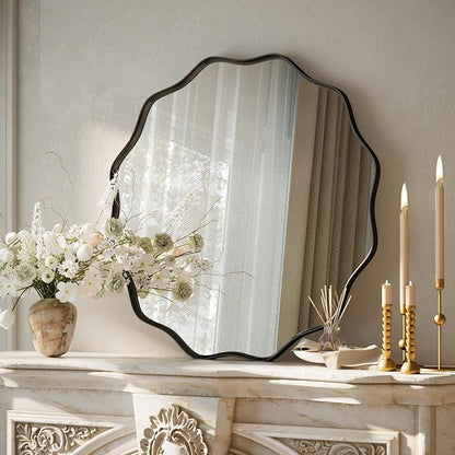 VooBang Black Scalloped Circle Mirror, 20" Wavy Edge Round Wall Mirror with Tempered Glass Textured Circular Metal Deep Frame, Hanging Leaning for Bathroom, Hallway, Entryway, Livng Room