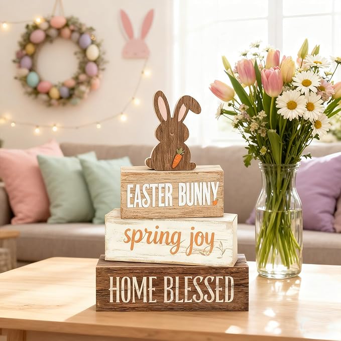Easter Decorations - Easter Bunny Tiered Tray Decor Set - Wooden Easter Tabletop Decoration - Rustic Farmhouse Spring Home Decor Indoor for Tiered Tray Shelf Mantel Coffee Table Gift - Spring Home Decor for Living Room, Kitchen Counter