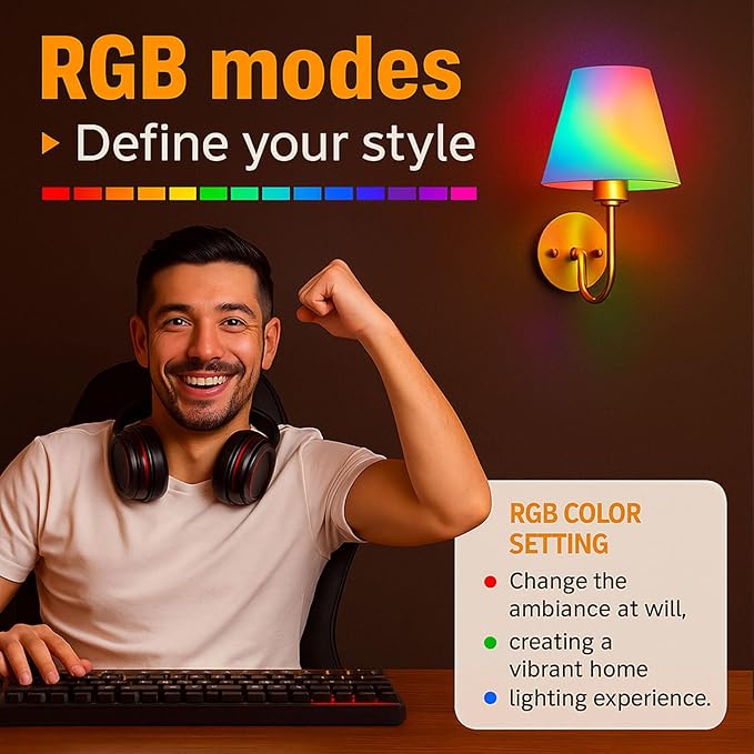 Wireless Wall Sconces Set of 2 with Remote — Gold Pleated Shades Cordless Rechargeable E26 Bulbs, 12 RGB Colors + 3000K/4000K/6000K, Dimmable Wall Mounted Lamps for Bedroom Living Room Hallway