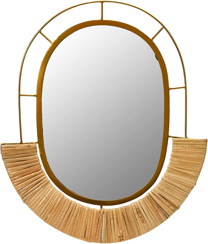 Main + Mesa Oval Modern Boho Metal and Cane Framed Wall Mirror, Natural