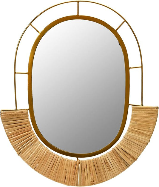 Main + Mesa Oval Modern Boho Metal and Cane Framed Wall Mirror, Natural