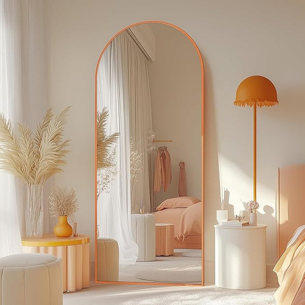 Antok 58" x18” Arched Full Length Floor Mirror, Orange Aluminum Frame, Free Standing/Wall Mount/Leaning for Bedroom, Living Room, Dressing Room
