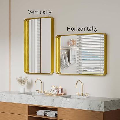 Koonmi Gold Wall Mirror for Bathroom, 24x35 Inch Matte Deep Framed Rounded Rectangle Vanity Mirror for Farmhouse Living Room, Tempered Glass, Anti-Rust, Vertically or Horizontally