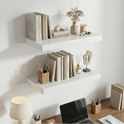 INHABIT UNION 20in Floating Shelves for Wall, Wall Mounted Shelves for Decor Storage Set of 2, Floating Shelf for Bedroom, Bathroom, Living Room and Kitchen（White）
