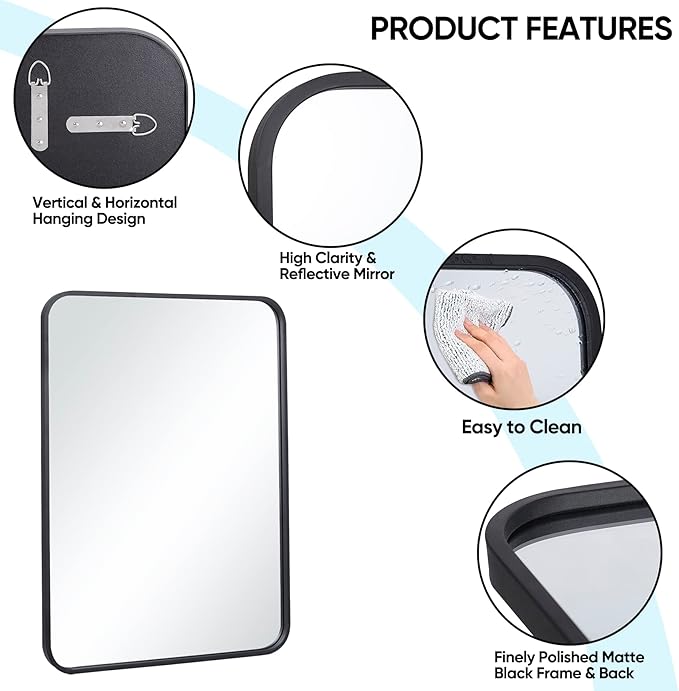 SUPER DEAL 22x30 Inch Black Wall Mirror for Bathroom, 2PCS Wall Mounted Rectangular Entryways Decor Vanity Mirrors with Stainless Steel Metal Frame and Rounded Edge