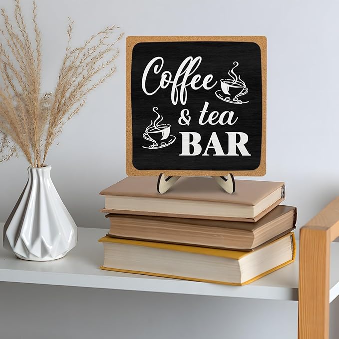 Coffee Bar Decor Sign,Rustic Wooden Plaque Coffee Sign for Java Station, Kitchen, Cafe or Tea Corner, Funny Jave Gift for Home Cafe, 5.9 x 5.9Inch (Black+Brown04)