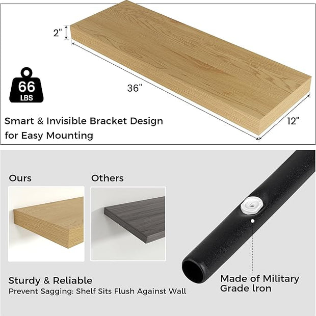Floating Shelves for Wall, 36" W x 12" D x 2" H, 2 Pack of Long Wall Mounted Engineered Wood Shelves with Invisible Brackets for Living Room, Bedroom, Bathroom, Kitchen Decor, Oak