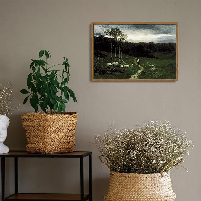 OIQArtOIQ Framed Vintage Landscape Wall Art Shepherd Natural Scenery Oil Painting Canvas Prints Country Farmhouse Aesthetic Decor Pictures for Kitchen Bedroom Living Room Bathroom