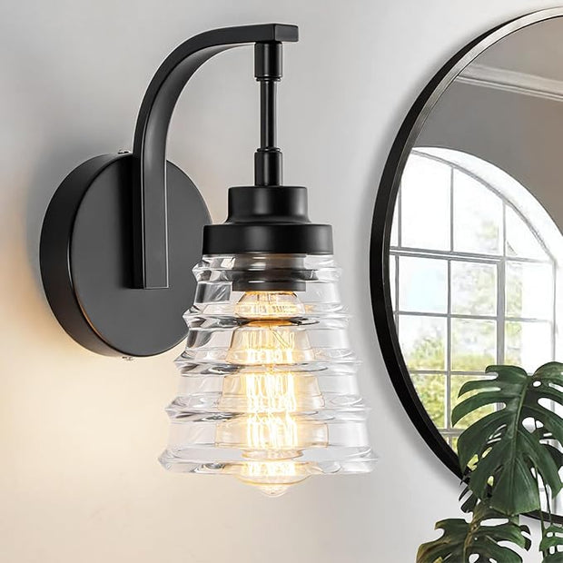 Modern Black Wall Sconce Light, 1-Light Bathroom Vanity Light with Clear Glass Shade for Mirror, Indoor Wall Mounted Fixture for Bedroom, Hallway, Entryway