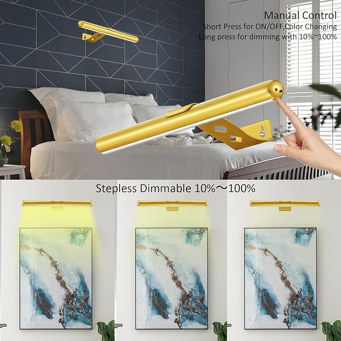 Wireless Picture Light Battery Operated,Rechargeable Painting Light with Remote Control, Metal Art Light Dimmable Display Lamp,3 Modes with Timer for Frame Dartboard Gallery,300LM, Gold